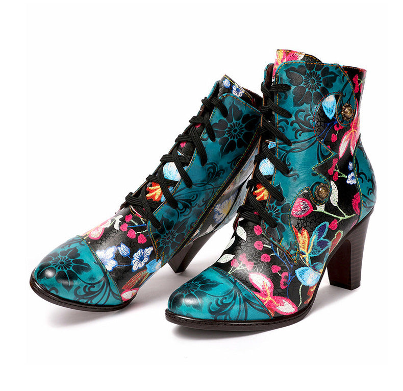 Handmade Leather Retro Floral High-Heeled Boots For Women