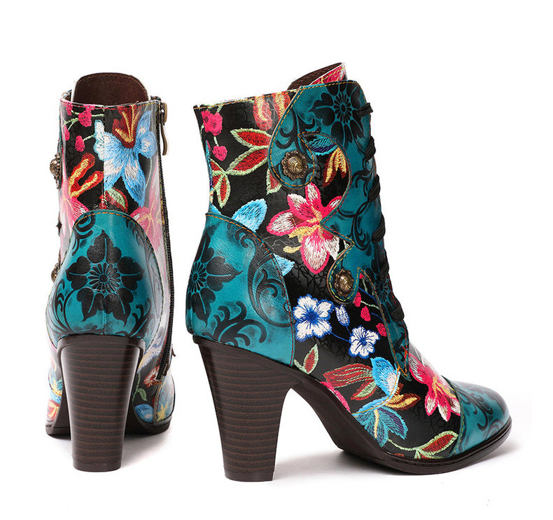 Handmade Leather Retro Floral High-Heeled Boots For Women