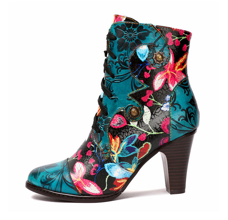 Handmade Leather Retro Floral High-Heeled Boots For Women