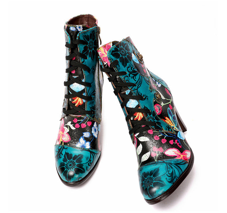 Handmade Leather Retro Floral High-Heeled Boots For Women