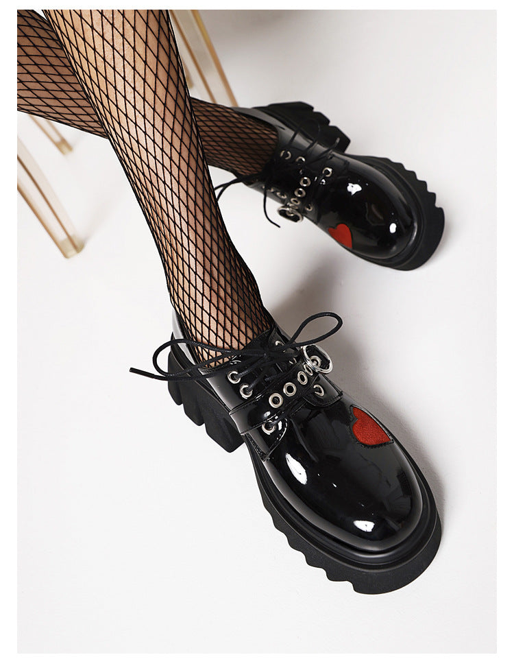 Retro Thick-Soled High-Heeled Patent Leather Lace-Up Leather Shoes