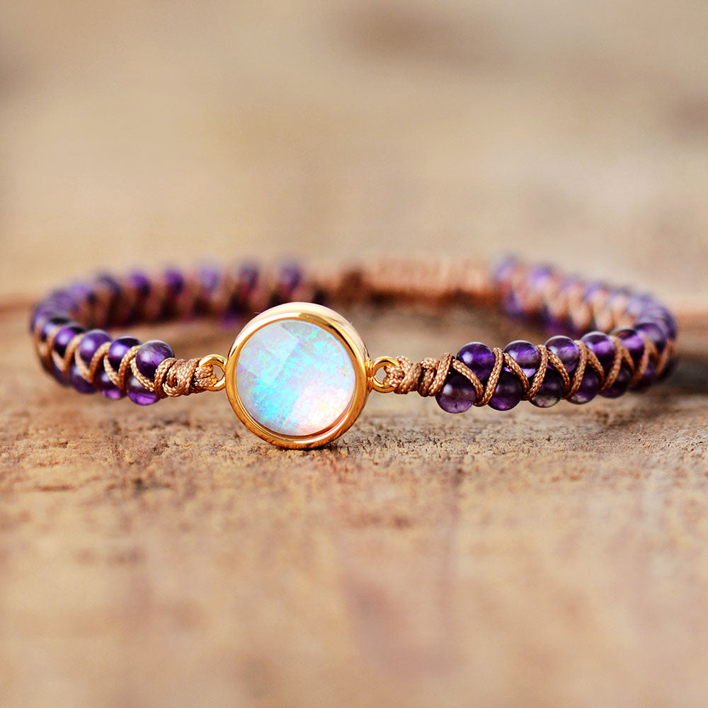 Stone Wrap Bracelet - Femme Amethysts Opal String Braided Yoga Friendship Bracelet Bangle - Bohemian Jewellery