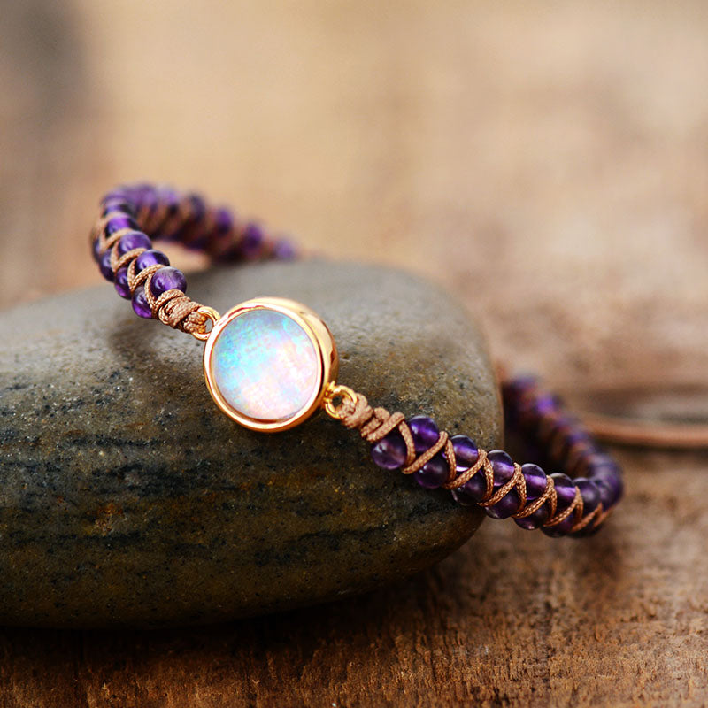 Stone Wrap Bracelet - Femme Amethysts Opal String Braided Yoga Friendship Bracelet Bangle - Bohemian Jewellery