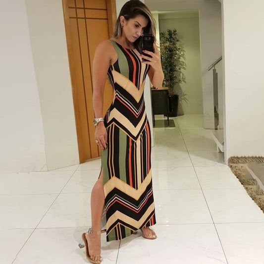 Colourful Striped Print Side-Slit Maxi Dress