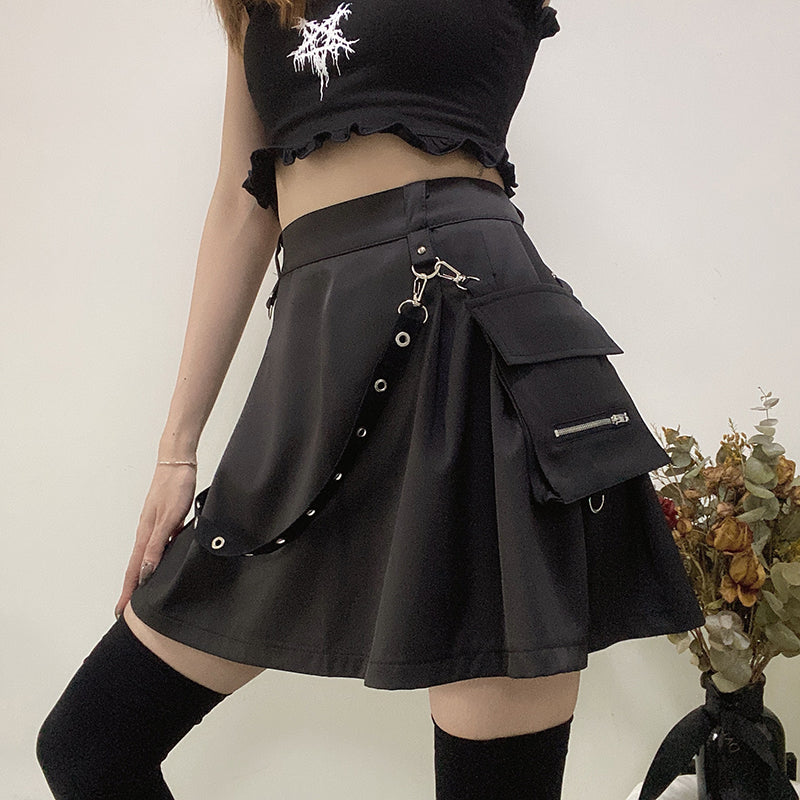 Insta Hot Black Pockets High-Waist Punk Skirt