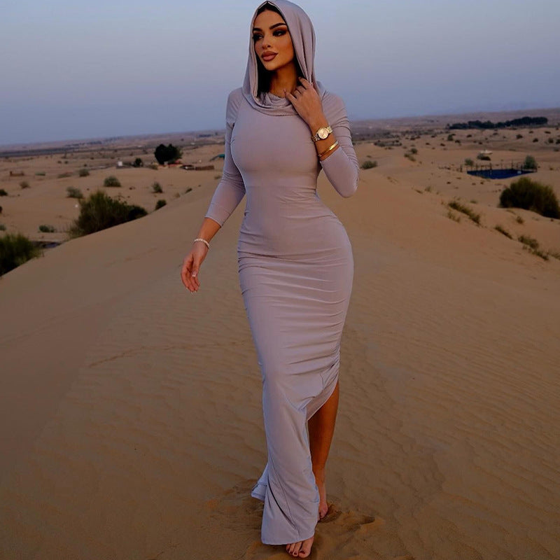 Hooded Hip Split Slim-Fit Dress