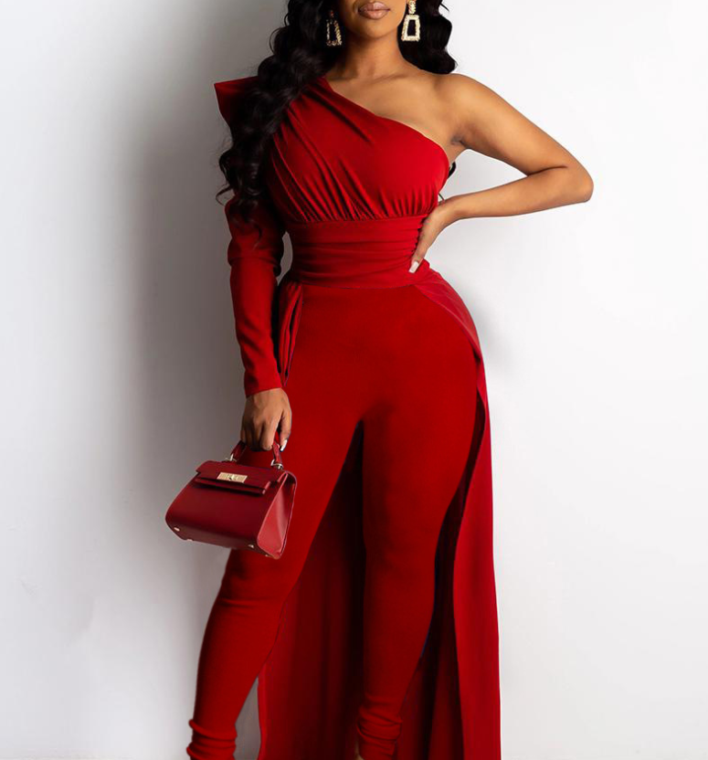 New-Style Red One-Shoulder Puff-Sleeve Skinny Long Mop Jumpsuit