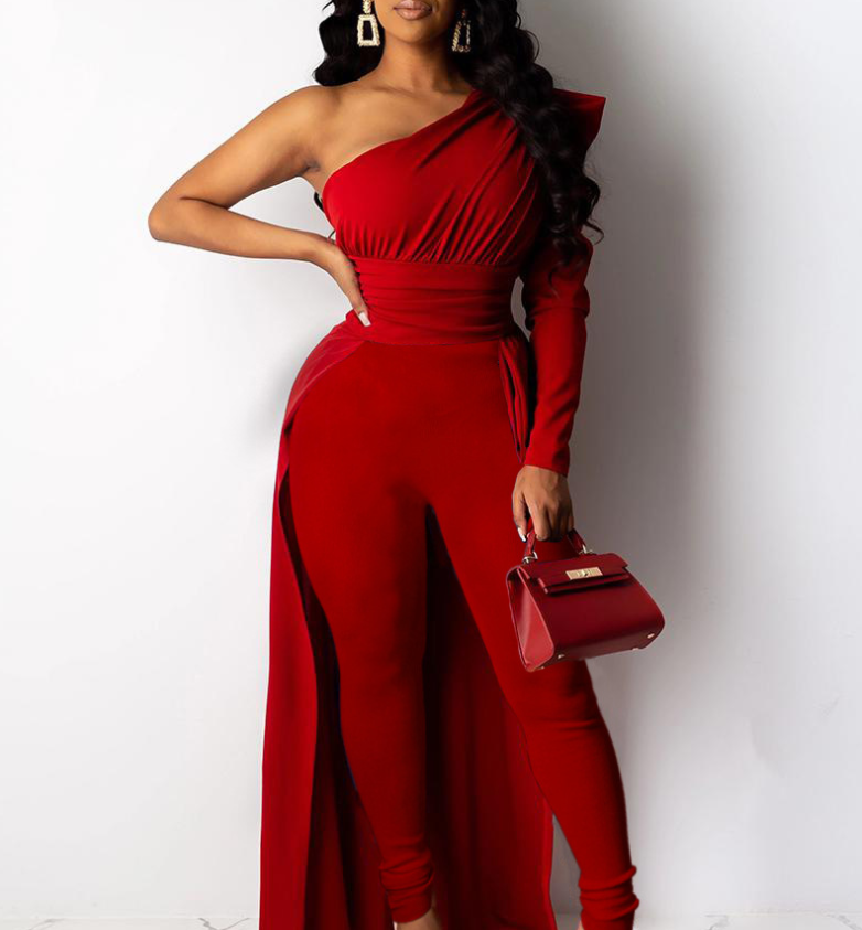 New-Style Red One-Shoulder Puff-Sleeve Skinny Long Mop Jumpsuit