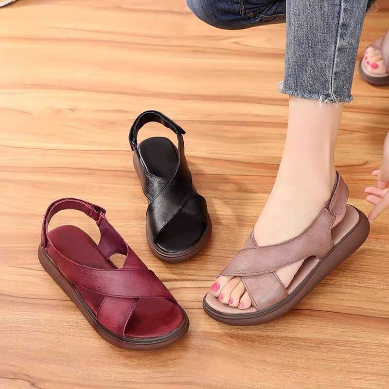 Leather Cross-Straps Soft-Sole Flat-Heel Sandals