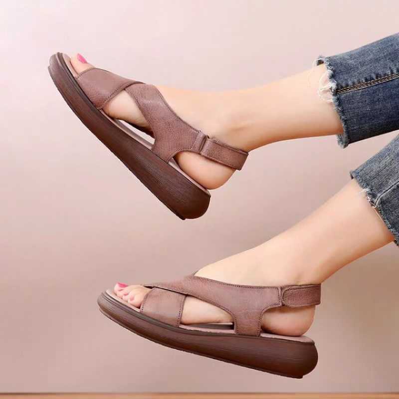 Leather Cross-Straps Soft-Sole Flat-Heel Sandals