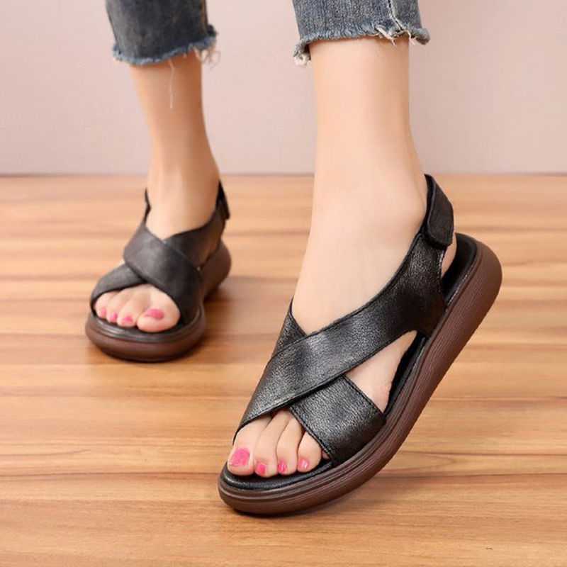 Leather Cross-Straps Soft-Sole Flat-Heel Sandals