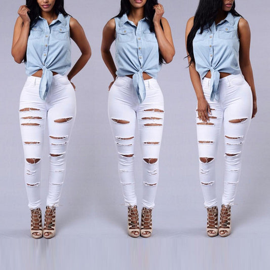 High-Quality Women's Casual Hole Ripped Pencil Jeans