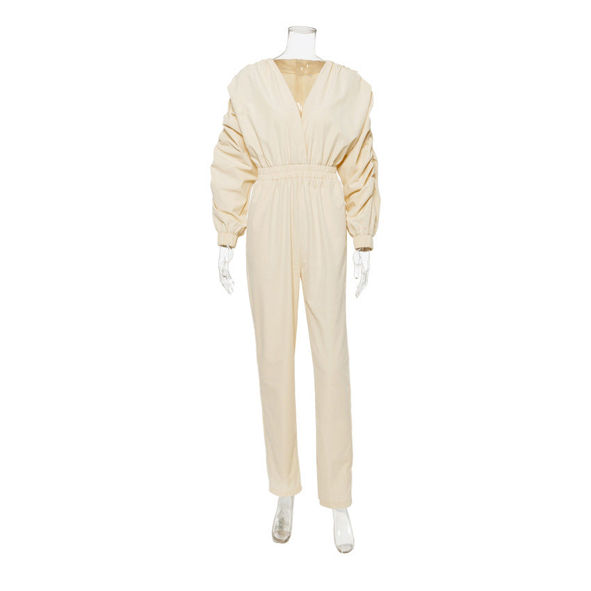 OOTN Women's V neck High Waist jumpsuits Straight Elastic Waist women rompers Lantern Sleeve jumpsuits sexy High Street bodysuit