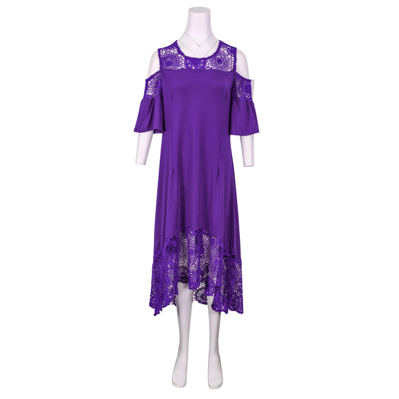 Butterfly-Sleeve Mid-Calf Lace Stitching Dress