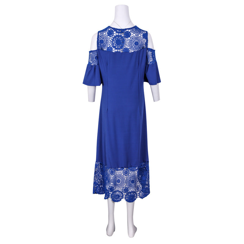 Butterfly-Sleeve Mid-Calf Lace Stitching Dress