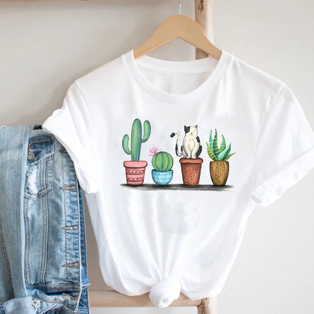 Cactus Cartoon Sweet Lady  Printed T-Shirt