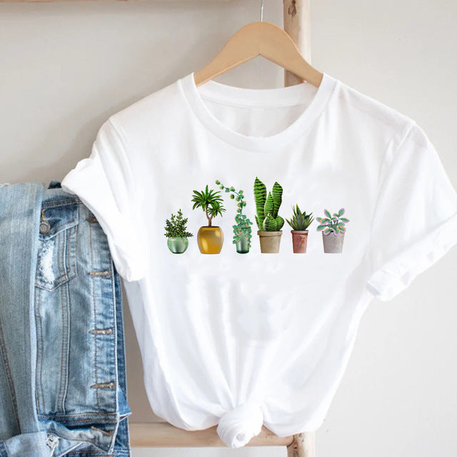 Cactus Cartoon Sweet Lady  Printed T-Shirt