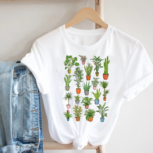 Cactus Cartoon Sweet Lady  Printed T-Shirt