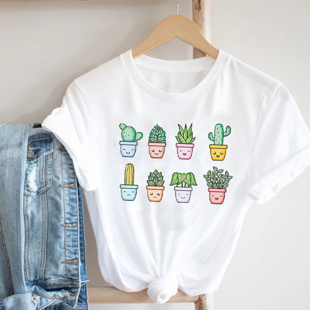 Cactus Cartoon Sweet Lady  Printed T-Shirt