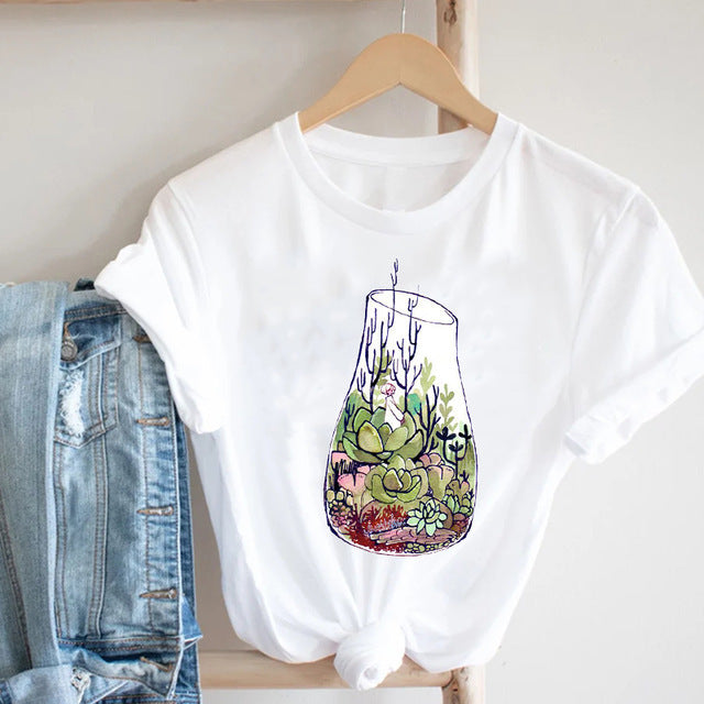Cactus Cartoon Sweet Lady  Printed T-Shirt