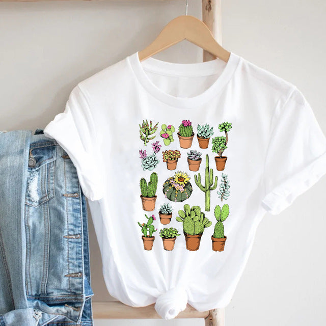 Cactus Cartoon Sweet Lady  Printed T-Shirt