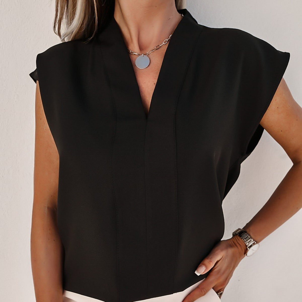 V-Neck Solid-Colour Short-Sleeved Blouse