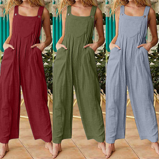 Women's Solid-Colour Side Pocket Loose Overalls