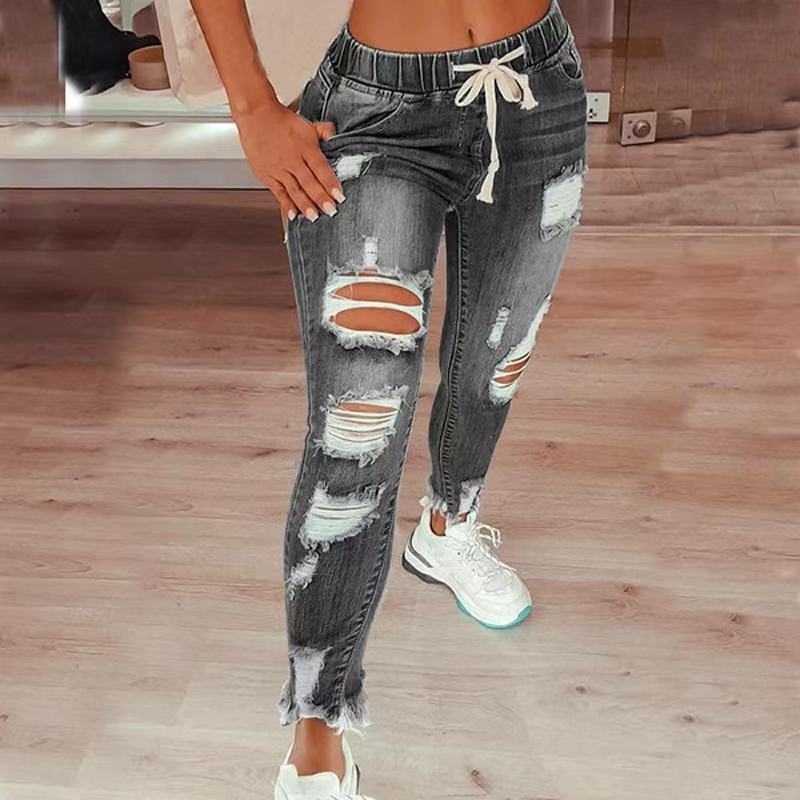 High-Waist Women's Ripped Elastic Drawstring Jeans