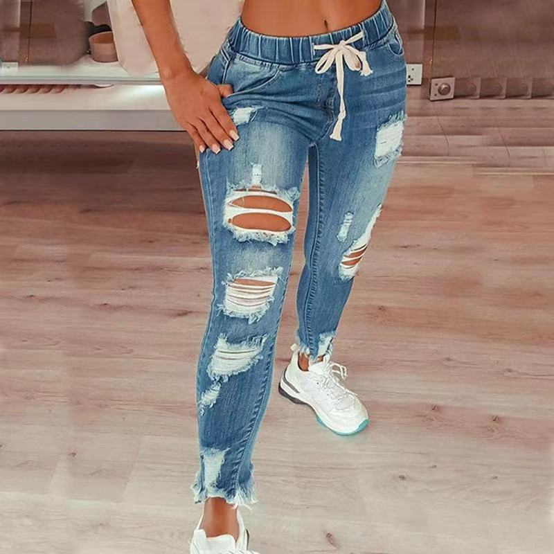 High-Waist Women's Ripped Elastic Drawstring Jeans