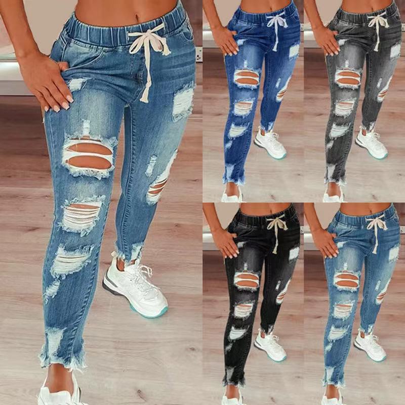 High-Waist Women's Ripped Elastic Drawstring Jeans