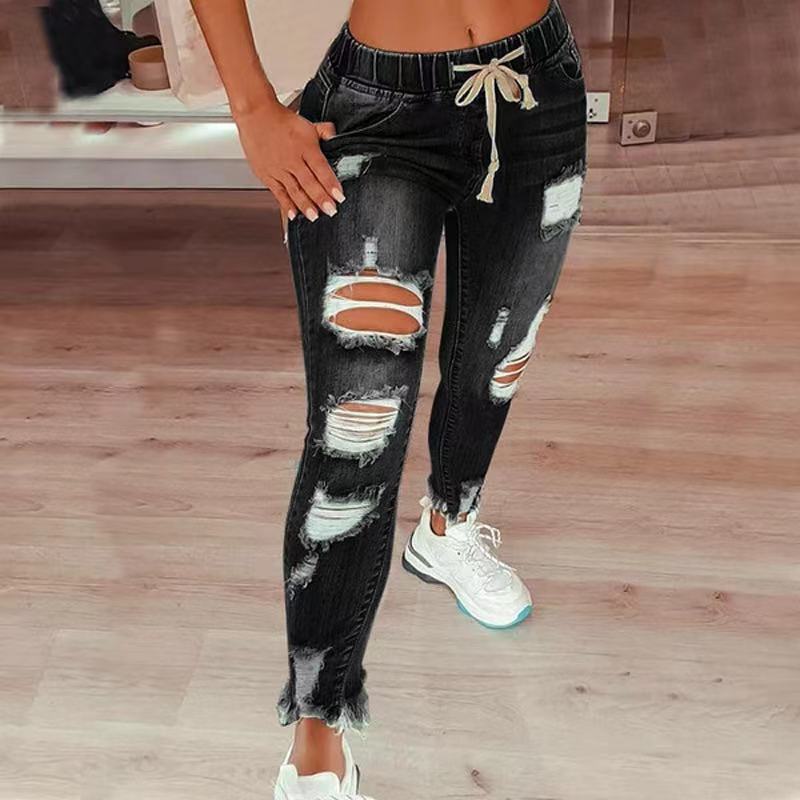 High-Waist Women's Ripped Elastic Drawstring Jeans