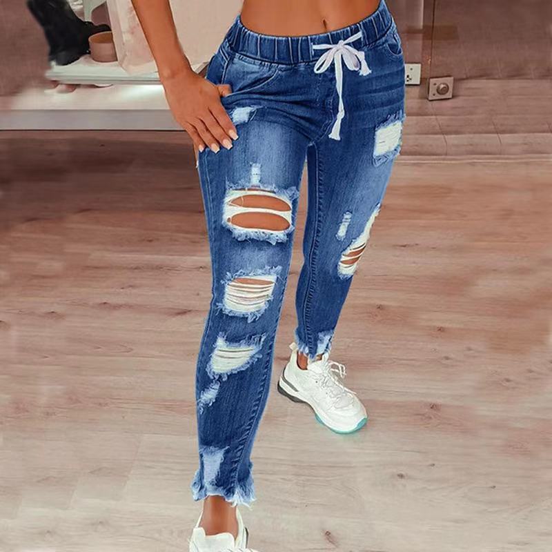 High-Waist Women's Ripped Elastic Drawstring Jeans