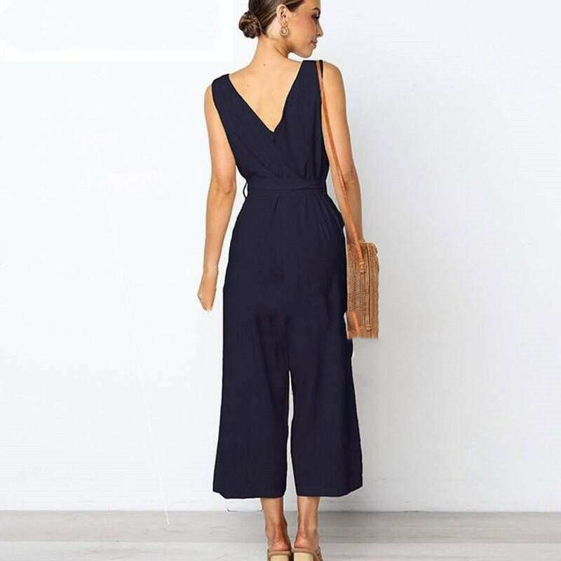 Sexy V Neck Loose Belt Wide Legged Jumpsuits