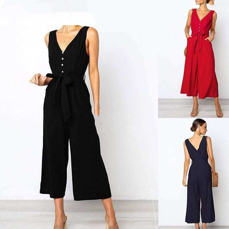 Sexy V Neck Loose Belt Wide Legged Jumpsuits