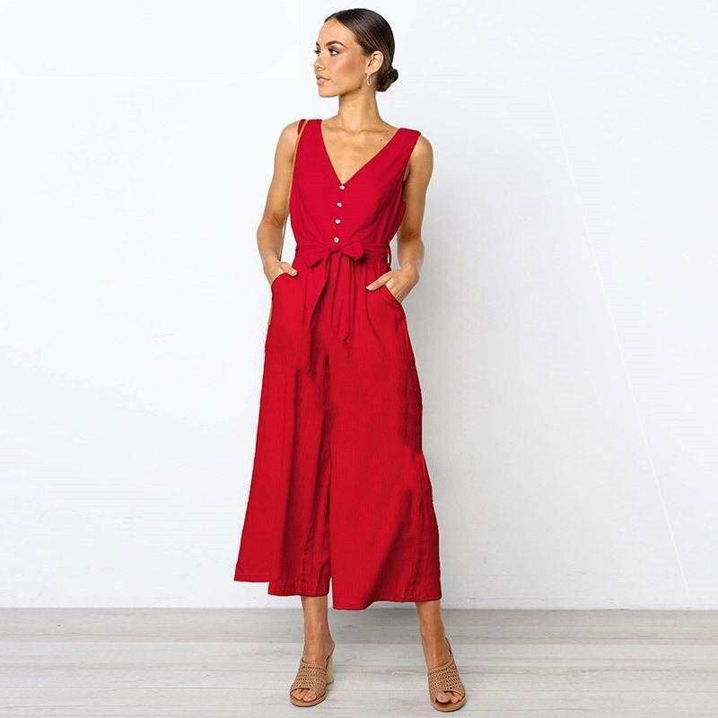 Sexy V Neck Loose Belt Wide Legged Jumpsuits