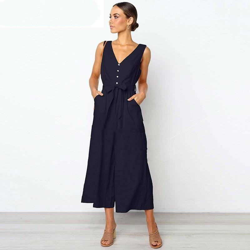 Sexy V Neck Loose Belt Wide Legged Jumpsuits