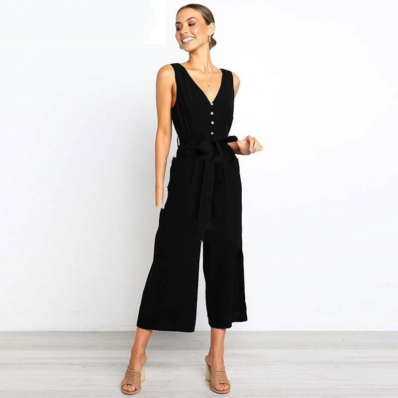 Sexy V Neck Loose Belt Wide Legged Jumpsuits
