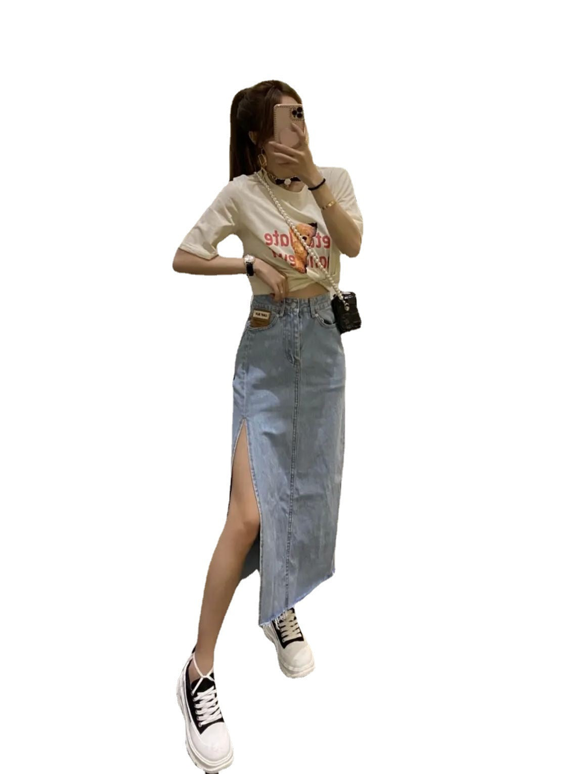 Women's High Waist Side Slit Denim Skirt