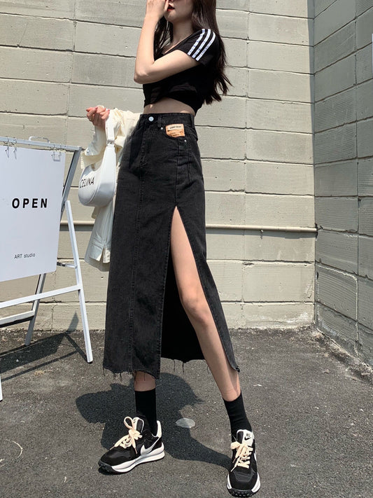 Women's High Waist Side Slit Denim Skirt