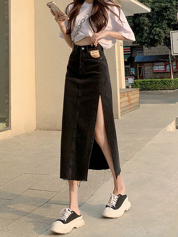 Women's High Waist Side Slit Denim Skirt
