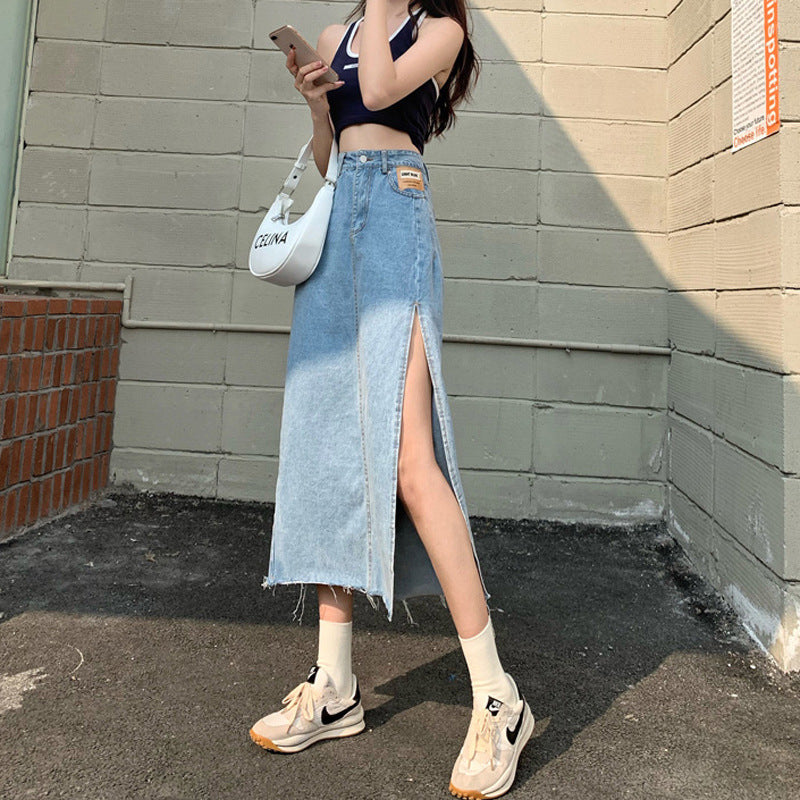 Women's High Waist Side Slit Denim Skirt