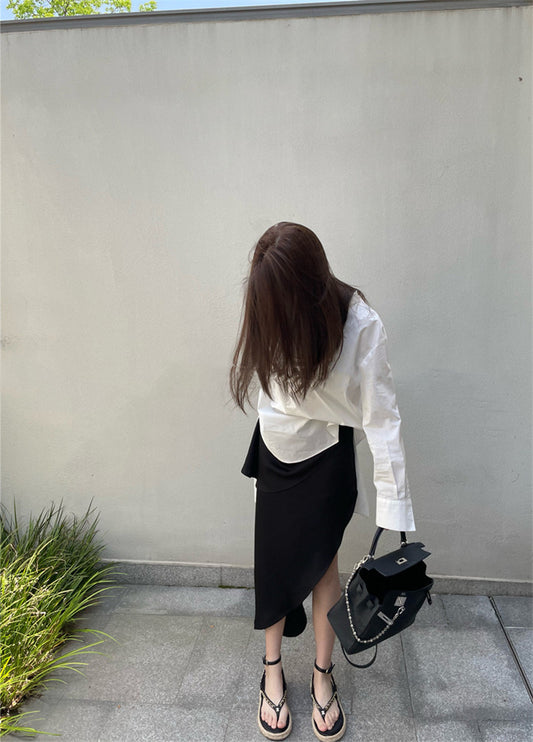 Side Slit Pleated Half Skirt Design Sense Long Skirt