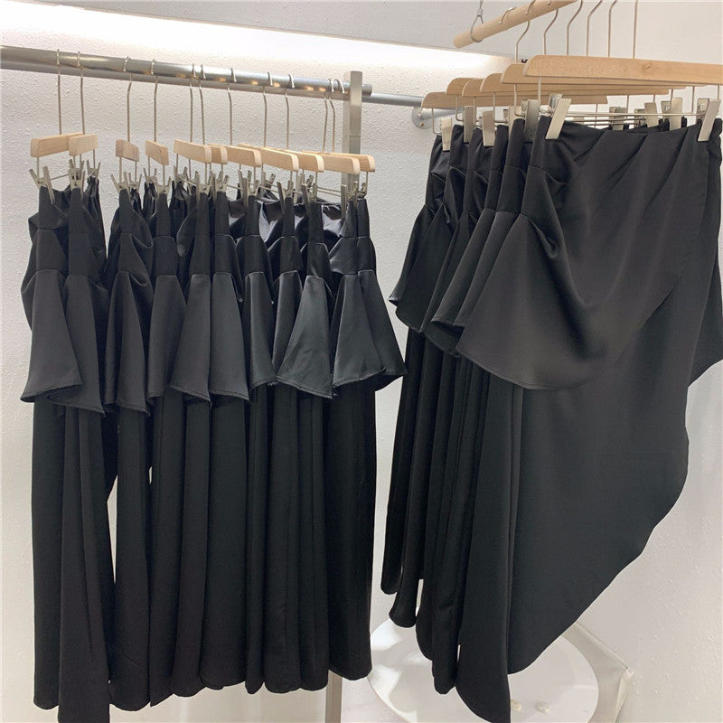 Side Slit Pleated Half Skirt Design Sense Long Skirt