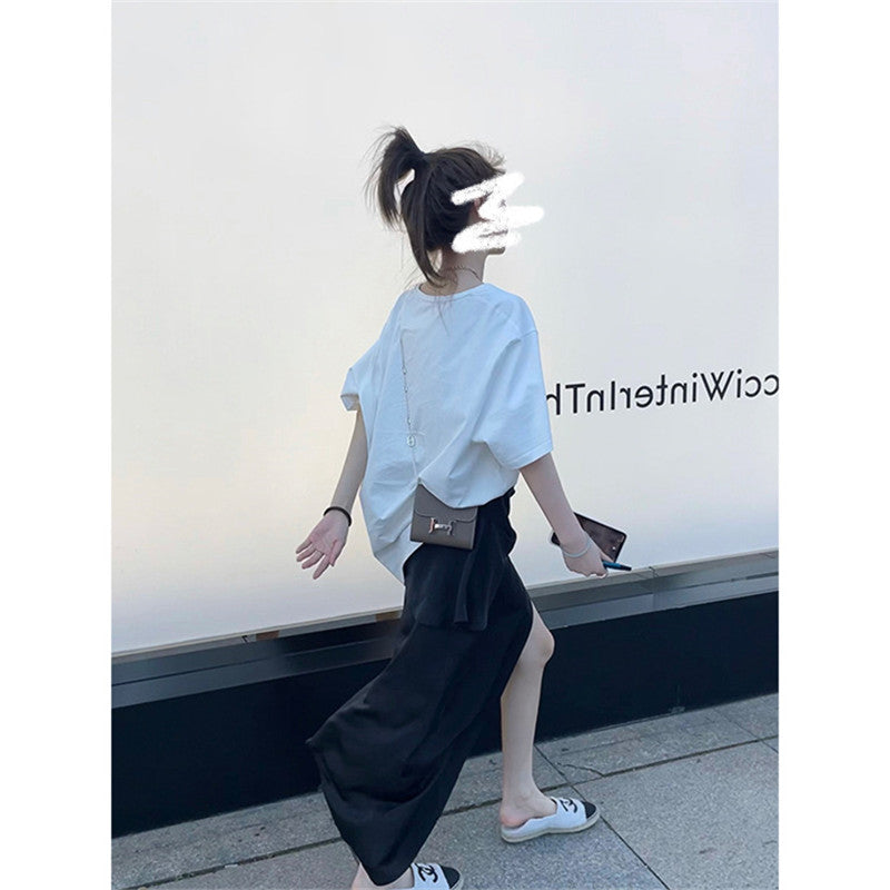 Side Slit Pleated Half Skirt Design Sense Long Skirt