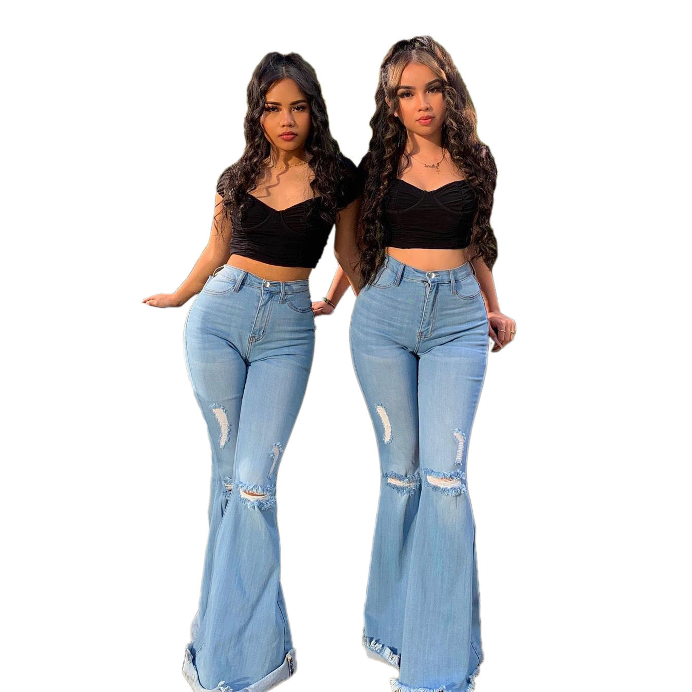 Personalised Frayed Ripped Flared Wide-Leg Denim Trousers for Women