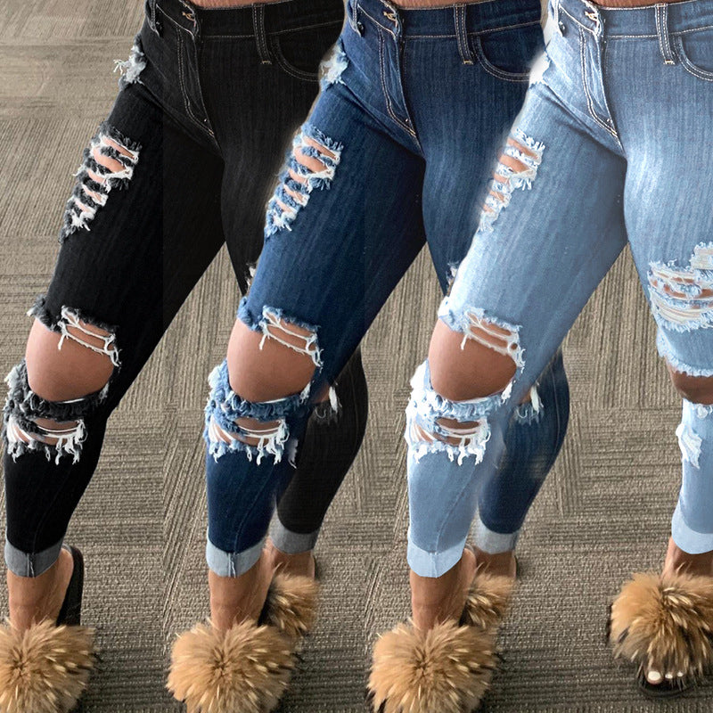 Popular Ripped Fringe Denim Trousers for Women