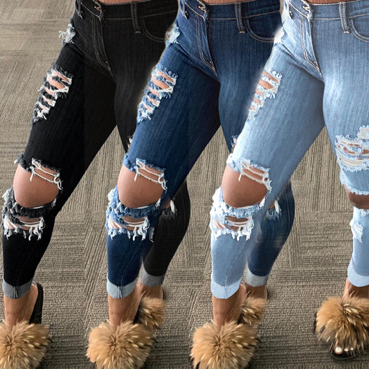 Popular Ripped Fringe Denim Trousers for Women