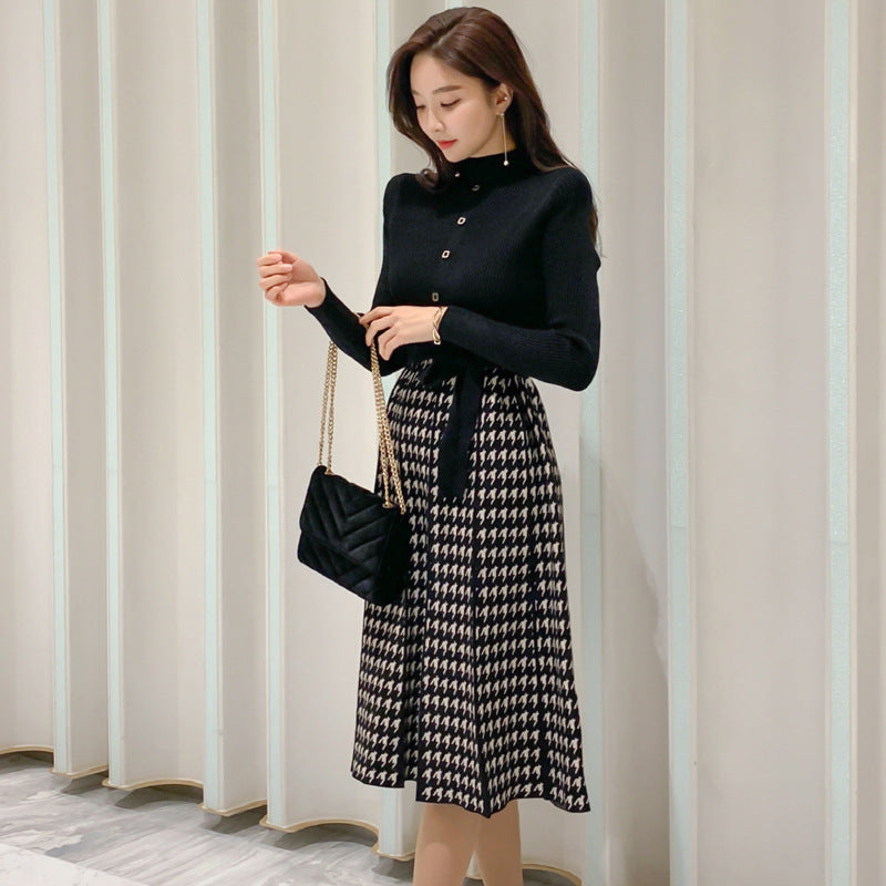 Temperament Lace-Up Waist Houndstooth Knitted Large Swing Skirt
