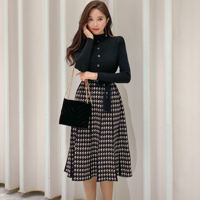 Temperament Lace-Up Waist Houndstooth Knitted Large Swing Skirt