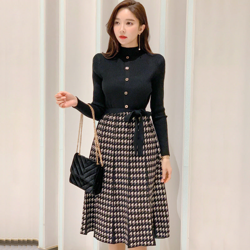 Temperament Lace-Up Waist Houndstooth Knitted Large Swing Skirt